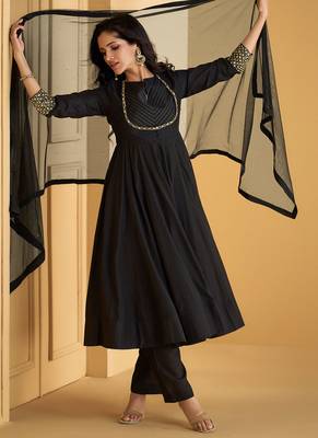 Black embroidered silk anarkali pant style suit with dupatta 1