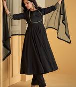 Black embroidered silk anarkali pant style suit with dupatta
