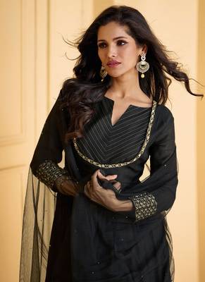 Black embroidered silk anarkali pant style suit with dupatta 2