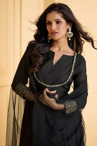 Black embroidered silk anarkali pant style suit with dupatta