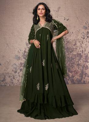Mehendi green embroidered fancy anarkali suit with dupatta 1