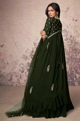 Mehendi green embroidered fancy anarkali suit with dupatta