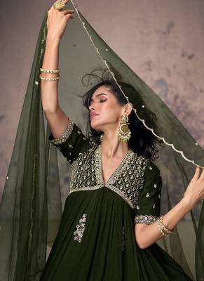 Mehendi green embroidered fancy anarkali suit with dupatta 3