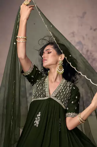 Mehendi green embroidered fancy anarkali suit with dupatta