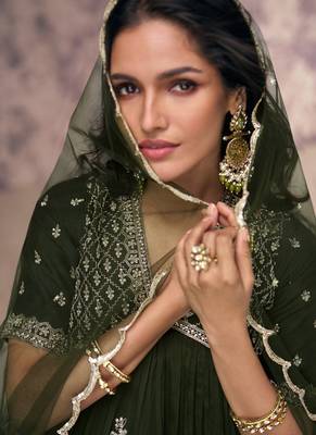 Mehendi green embroidered fancy anarkali suit with dupatta 4