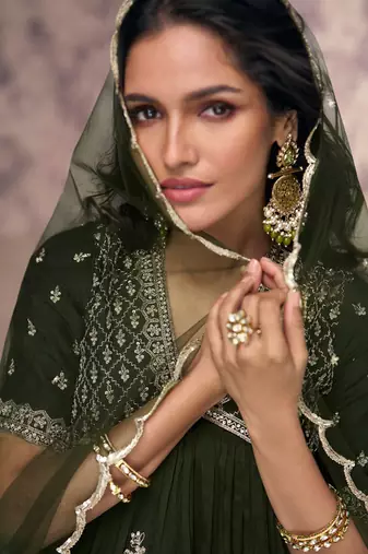 Mehendi green embroidered fancy anarkali suit with dupatta