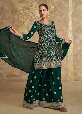Green embroidery chinnon silk designer straight palazzo suit with dupatta 1