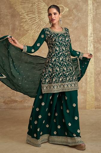 Green embroidery chinnon silk designer straight palazzo suit with dupatta