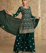 Green embroidery chinnon silk designer straight palazzo suit with dupatta