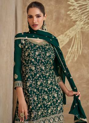 Green embroidery chinnon silk designer straight palazzo suit with dupatta 2
