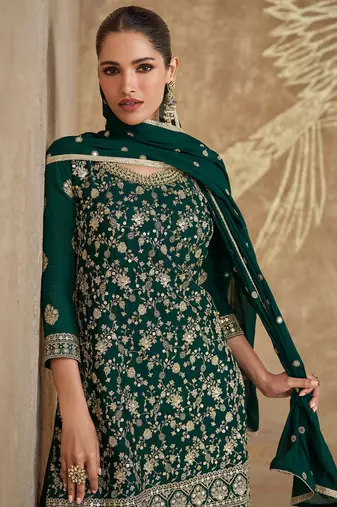Green embroidery chinnon silk designer straight palazzo suit with dupatta