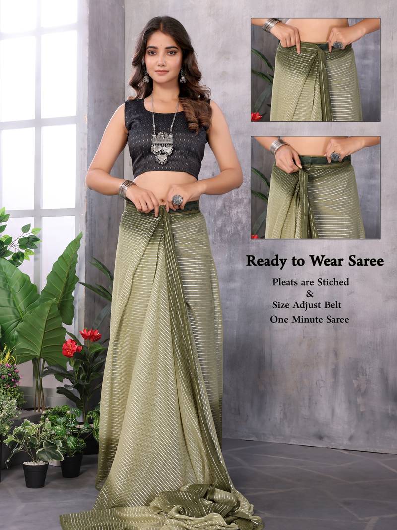 Ready To Wear Mehendi Silk Saree With Jari Weaving Saree With Blouse