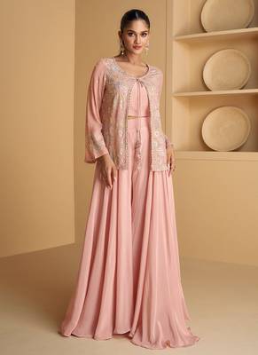 Blush pink sequence embroidery jacket style palazzo suit 1
