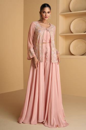 Blush pink sequence embroidery jacket style palazzo suit