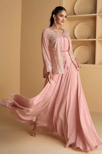 Blush pink sequence embroidery jacket style palazzo suit