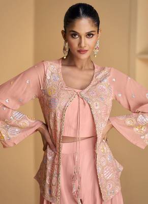 Blush pink sequence embroidery jacket style palazzo suit 3