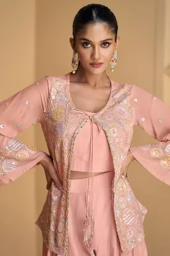 Blush pink sequence embroidery jacket style palazzo suit