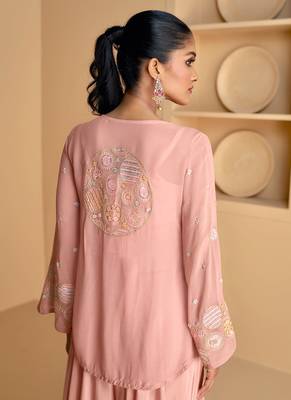 Blush pink sequence embroidery jacket style palazzo suit 4