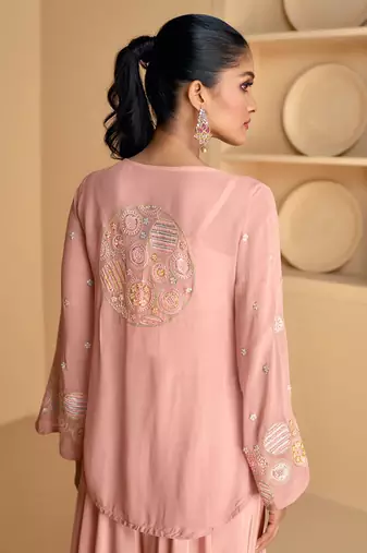 Blush pink sequence embroidery jacket style palazzo suit