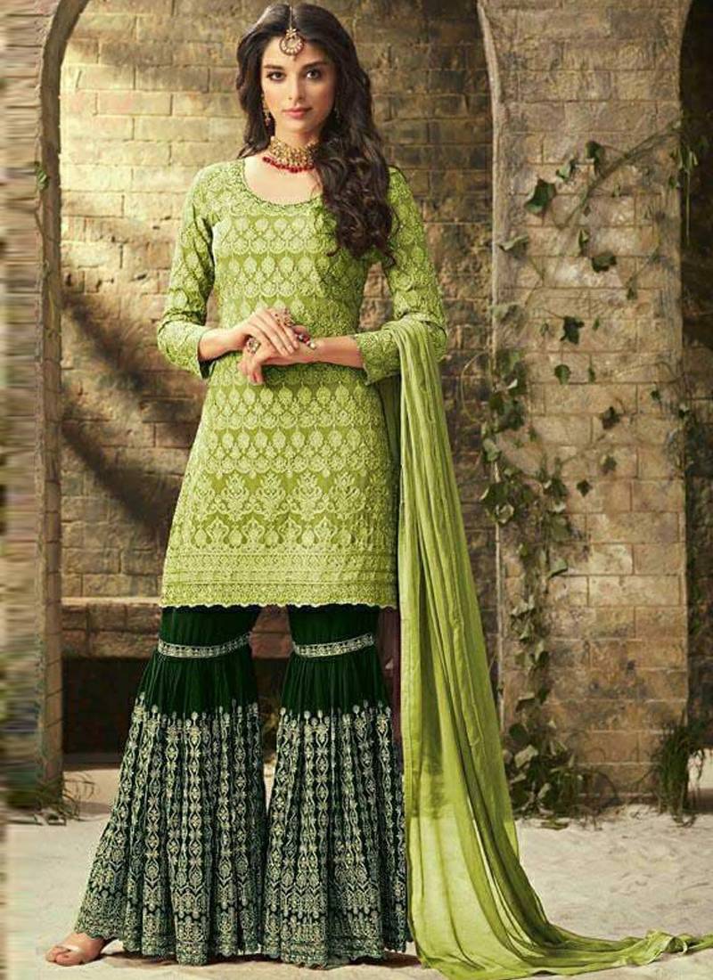 Light green georgette semi stitched salwar suit with dupatta