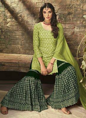 light green georgette palazzo set with stone work 2