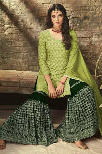 light green georgette palazzo set with stone work