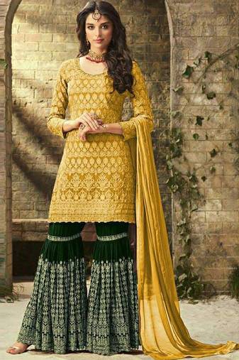 Yellow georgette semi stitched salwar suit with dupatta