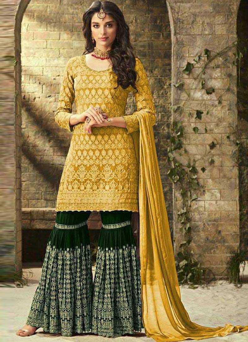 Yellow georgette semi stitched salwar suit with dupatta