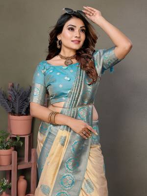Beige Flowy Viscose Silk Saree 3