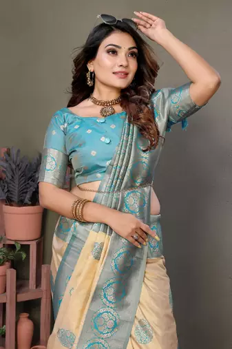 Beige Flowy Viscose Silk Saree