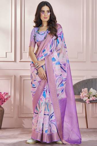 Lavender soft silk printed saree with blouse