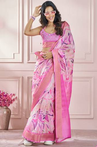 Pink soft silk printed saree with blouse