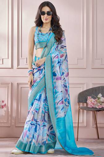 Aqua blue soft silk printed saree with blouse