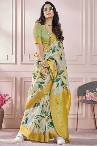 Mustard soft silk printed saree with blouse