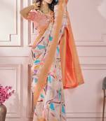 Peach soft silk printed saree with blouse