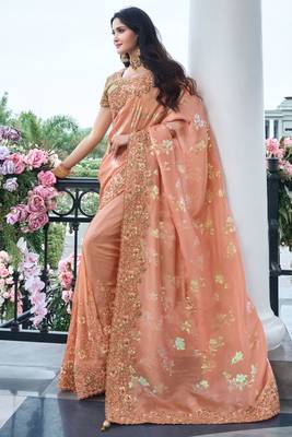 Salmon pure tissue silk heavy thread embroidery work on border with zari weaving saree with blouse 1