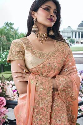 Salmon pure tissue silk heavy thread embroidery work on border with zari weaving saree with blouse 2