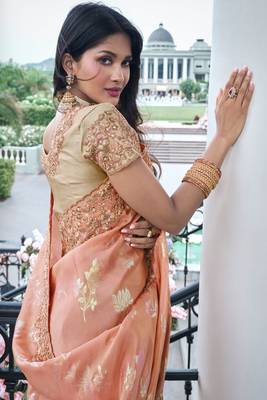 Salmon pure tissue silk heavy thread embroidery work on border with zari weaving saree with blouse 3