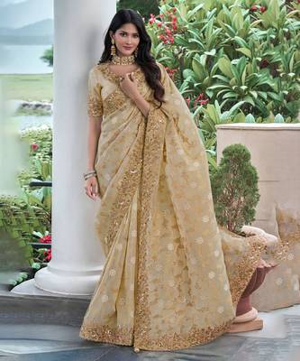 Beige pure tissue silk heavy thread embroidery work on border with zari weaving saree with blouse 1