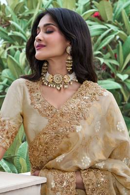 Beige pure tissue silk heavy thread embroidery work on border with zari weaving saree with blouse 2