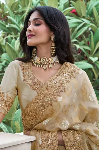 Beige pure tissue silk heavy thread embroidery work on border with zari weaving saree with blouse