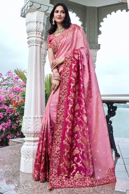 Pink & rani pink pure tissue silk heavy thread embroidery work on border with zari weaving saree with blouse 1