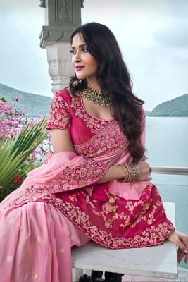 Pink & rani pink pure tissue silk heavy thread embroidery work on border with zari weaving saree with blouse 2