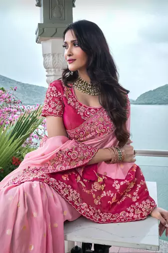 Pink & rani pink pure tissue silk heavy thread embroidery work on border with zari weaving saree with blouse
