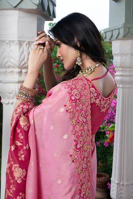 Pink & rani pink pure tissue silk heavy thread embroidery work on border with zari weaving saree with blouse 3