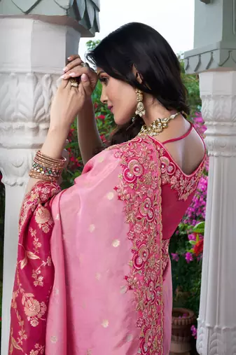 Pink & rani pink pure tissue silk heavy thread embroidery work on border with zari weaving saree with blouse