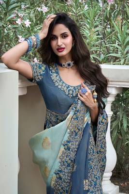 Sky blue pure tissue silk heavy thread embroidery work on border with zari weaving saree with blouse 2