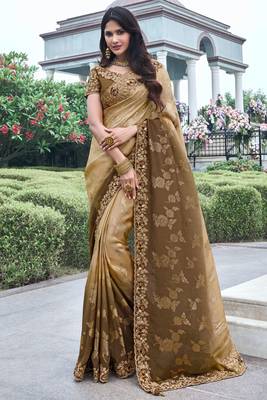 Chiku & brown pure tissue silk heavy thread embroidery work on border with zari weaving saree with blouse 1