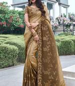 Chiku & brown pure tissue silk heavy thread embroidery work on border with zari weaving saree with blouse