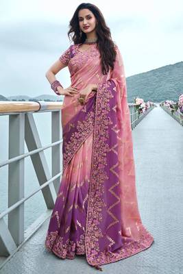 Pink & purple pure tissue silk heavy thread embroidery work on border with zari weaving saree with blouse 1